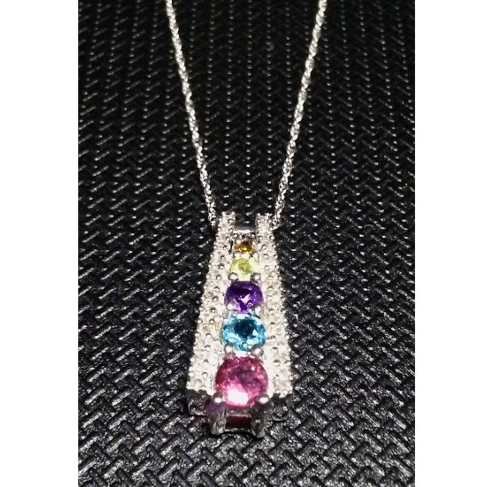 Solid 10k W.  Gold Gemstones Diamonds Necklace 18"